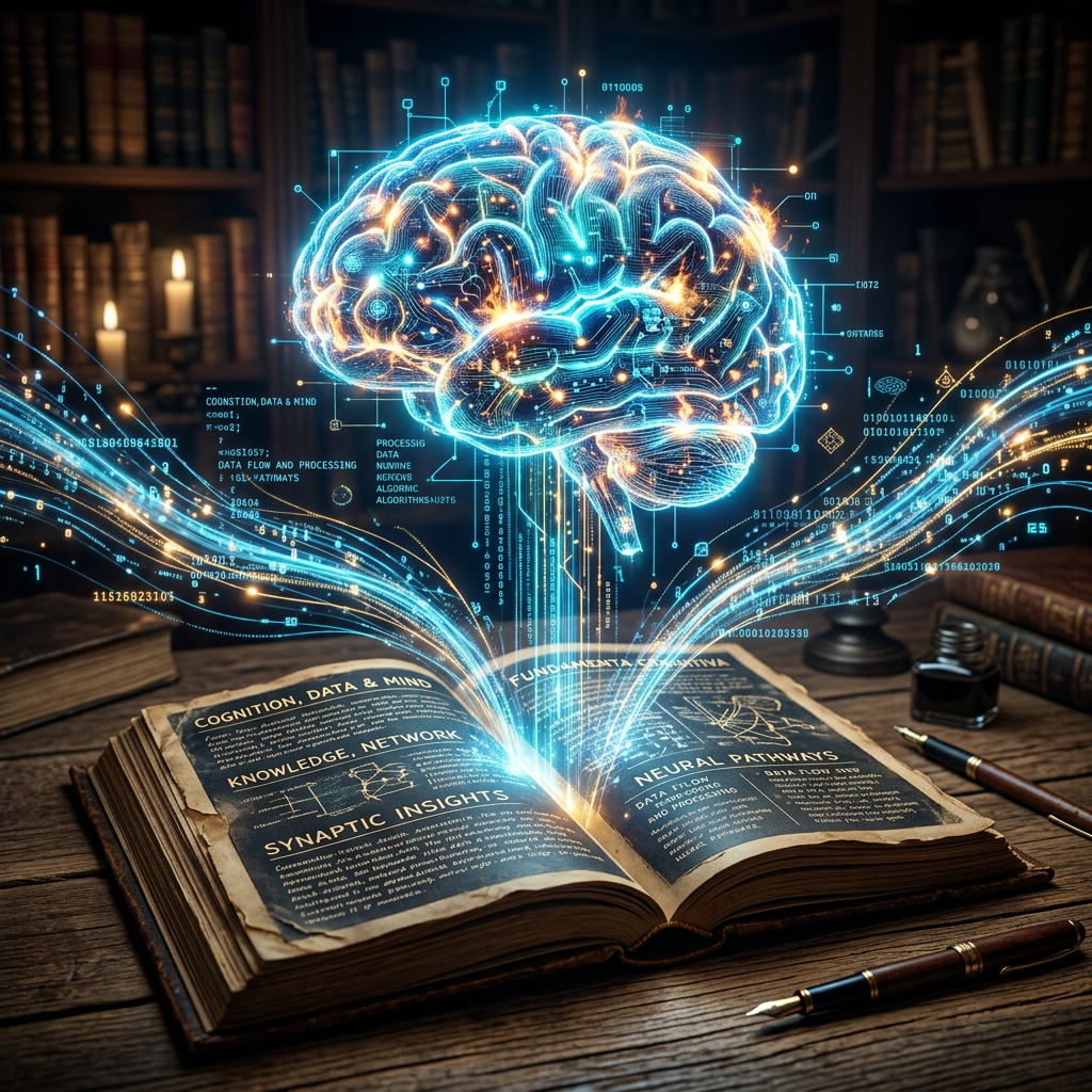 Holographic digital brain projection above an open book discussing cognition and neural pathways