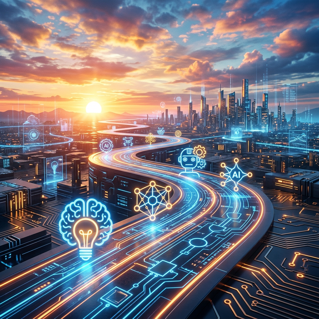 Digital highway with AI and technology icons leading to a futuristic city at sunset